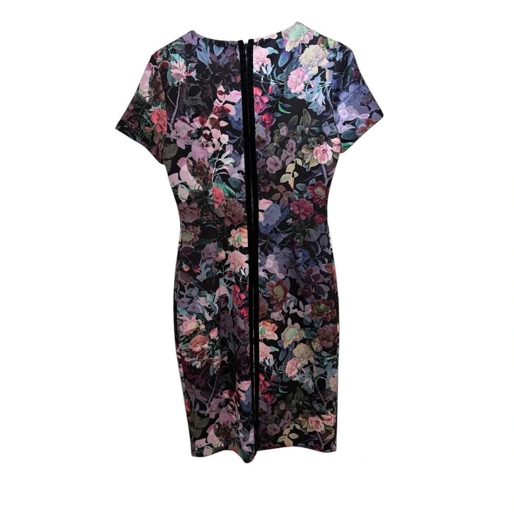 Adrianna Papell Black Multicolor‎ Floral Sheath Short Sleeve Dress Women's 2 - Picture 3 of 4